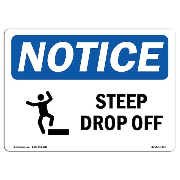 Safety Sign, OSHA Notice, 3.5" Height, Steep Drop Off Sign With Symbol, Landscape, 10PK